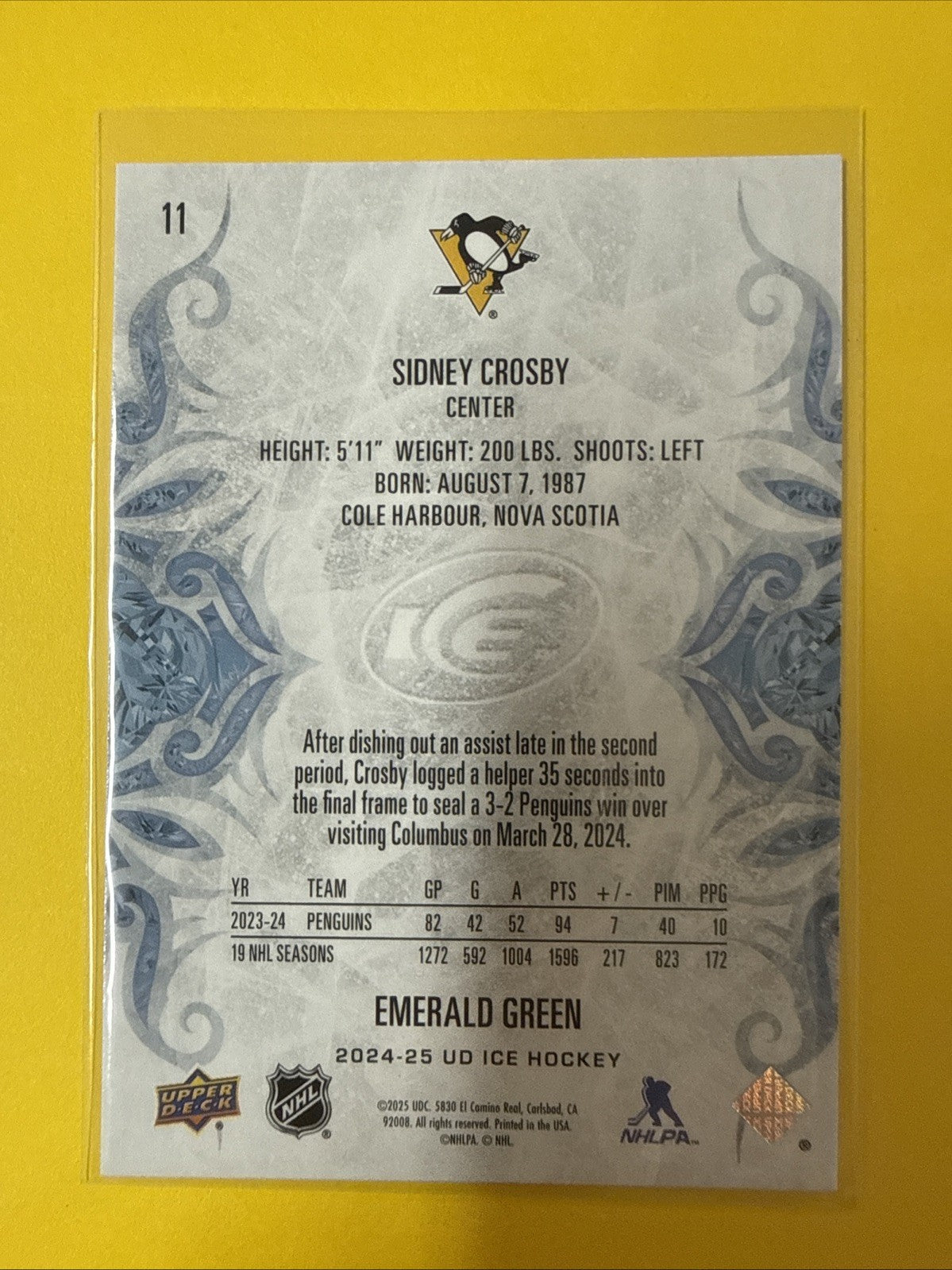 Sidney Crosby 2024/25 Ice Emerald Green Card - back