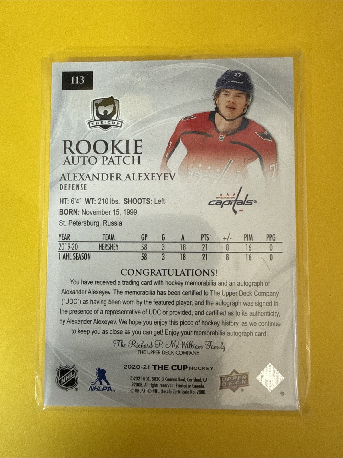 Alexander Alexeyev 2020/21 the Cup Rookie Autographed Patch Card 088/249 - back