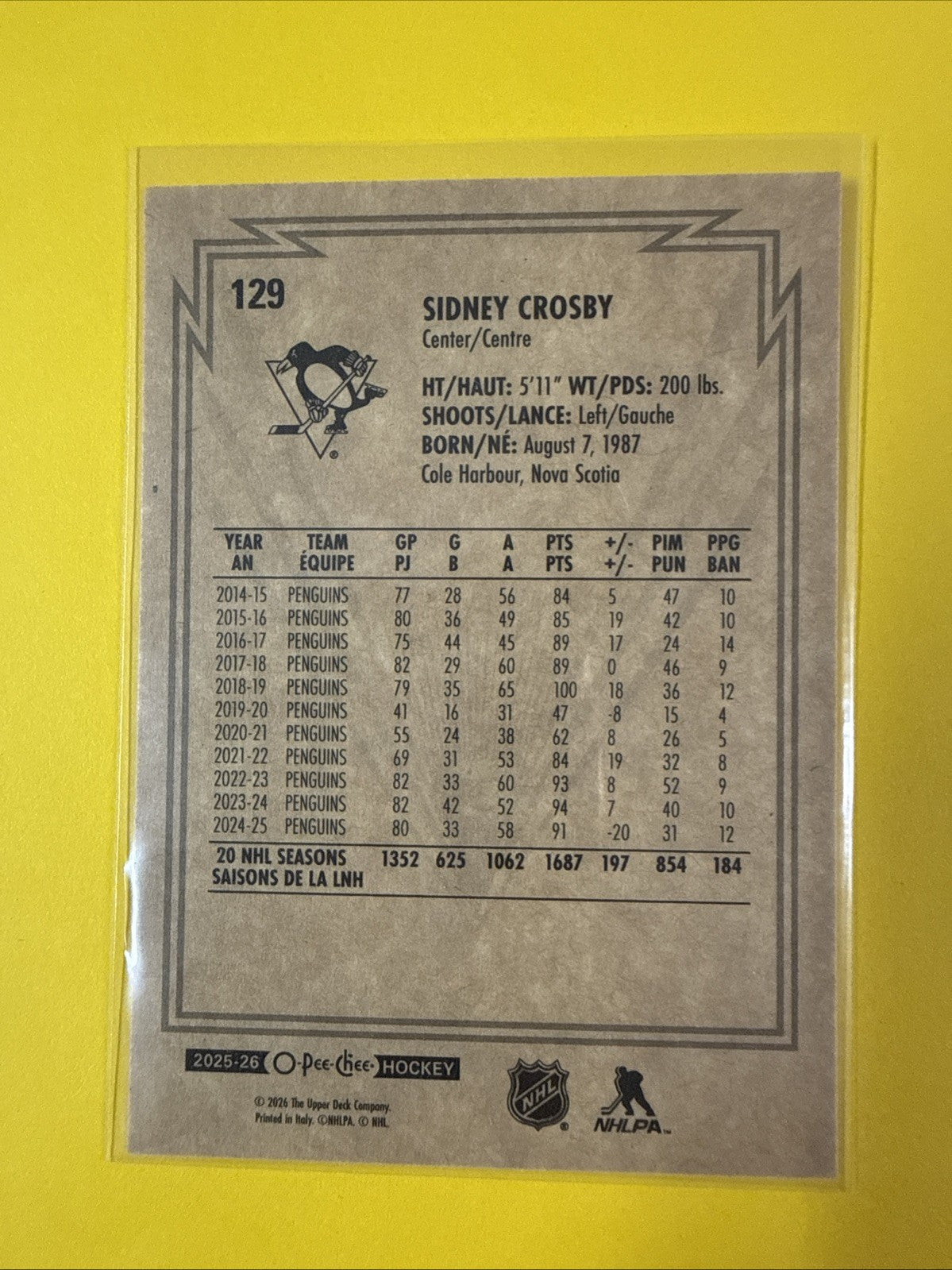 Sidney Crosby 2025/26 O Pee Chee Card - back