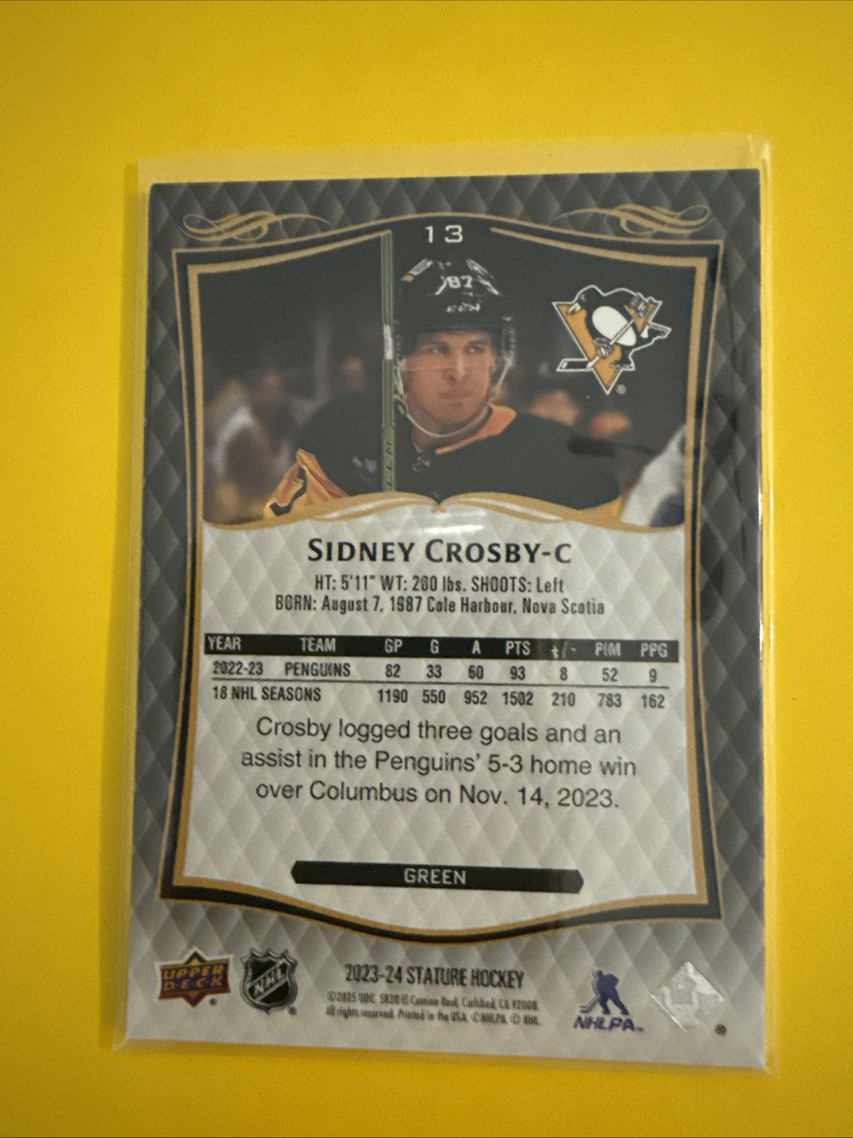 Sidney Crosby 2023/24 Stature Green Card 204/375 - back