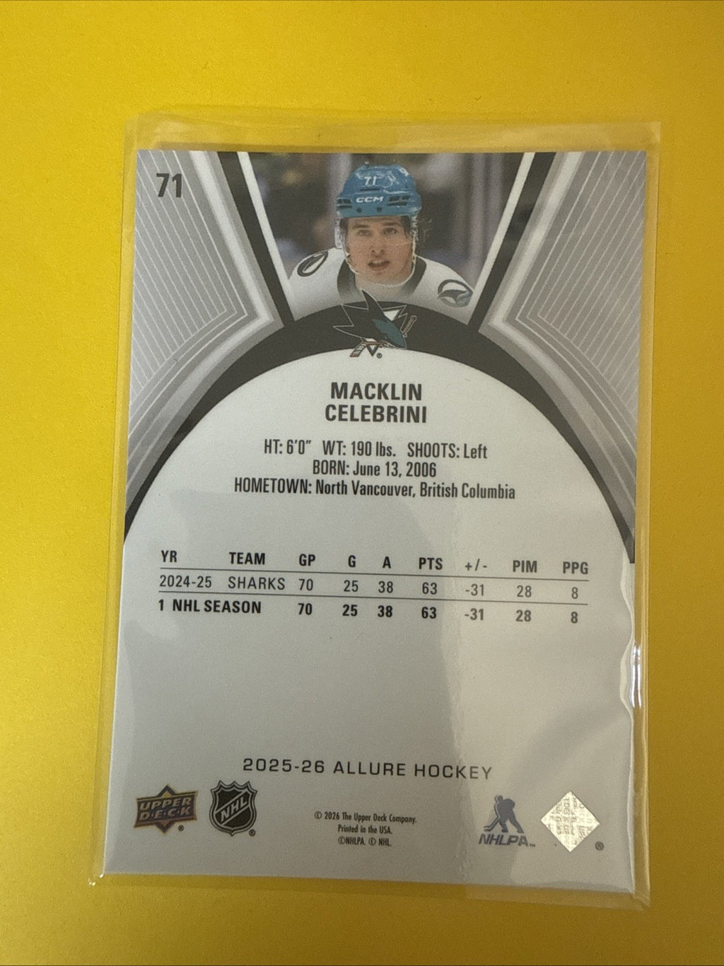 Macklin Celebrini 2025/26 Allure Card - back