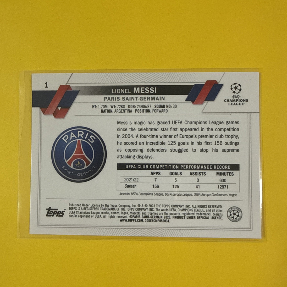 Lionel Messi 2022/23 Topps Card - back