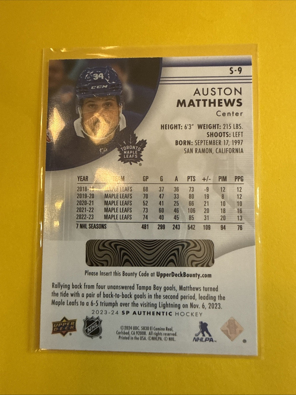 Auston Matthews 2023/24 SP Authentic Spectrum FX Card - back