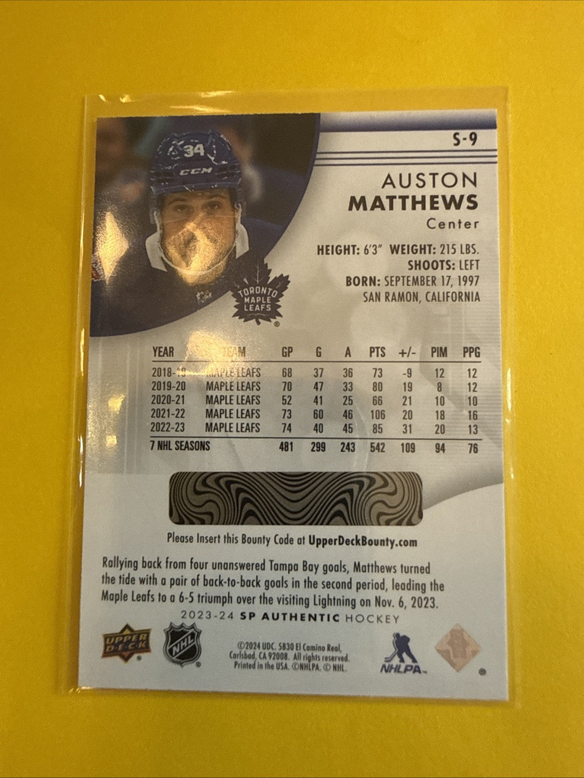 Auston Matthews 2023/24 SP Authentic Spectrum FX Card - back