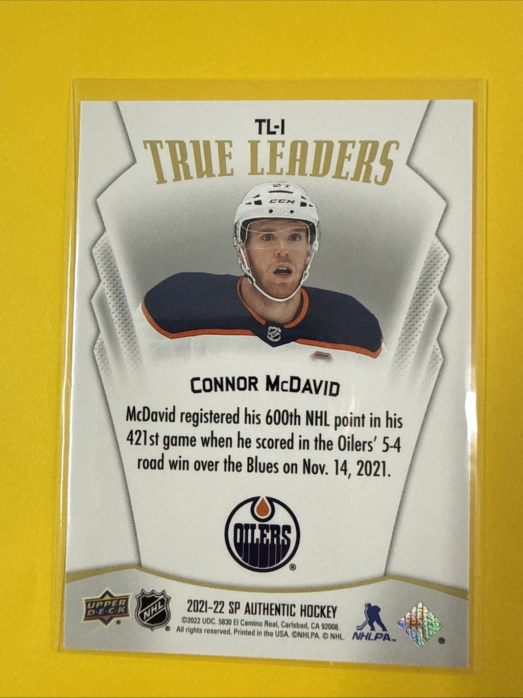 Connor McDavid 2021/22 SP Authentic True Leaders Card - back