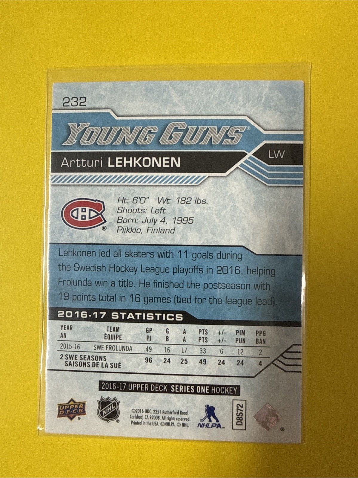 Artturi Lehkonen 2016/17 UD Young Guns Card - back