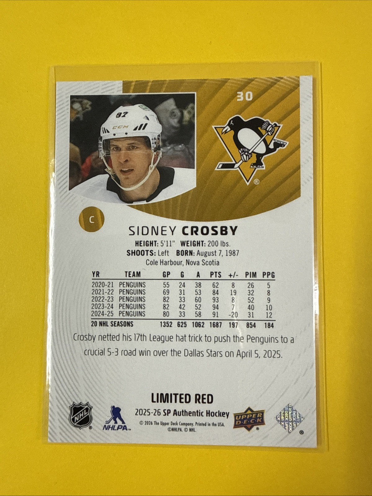 2025-26 Sidney Crosby SP Authentic Spa Limited Red Penguins #30 - back