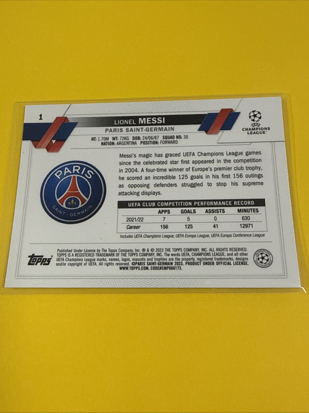 Lionel Messi 2023 Topps Chrome Card - back