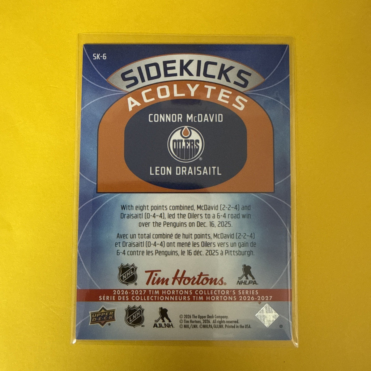 Connor McDavid 26/27 Tim Hortons Card Sidekicks Acolytes - back