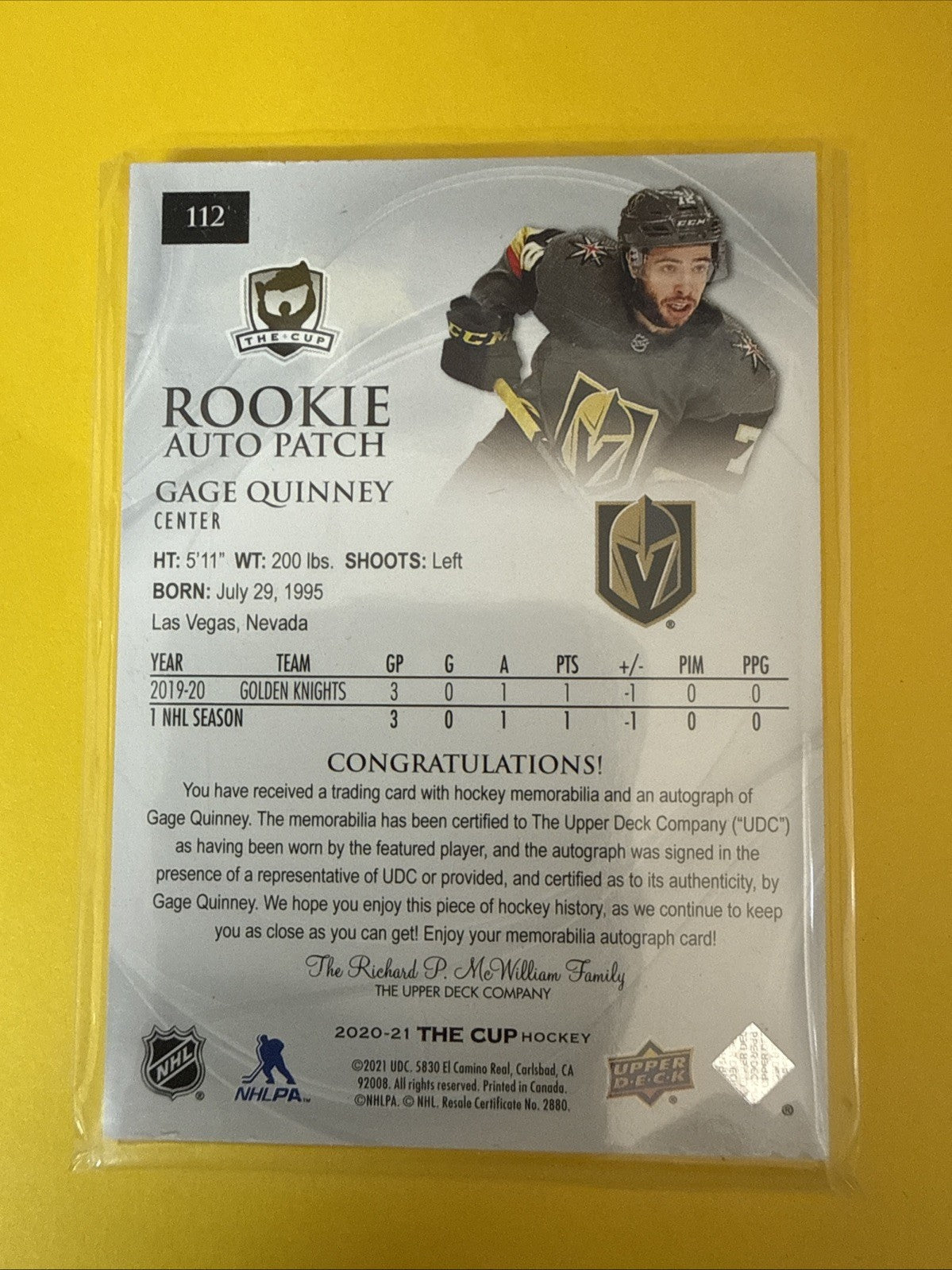Gage Quinney . 2020/21 the Cup Rookie Autographed Patch Card 058/249 - back