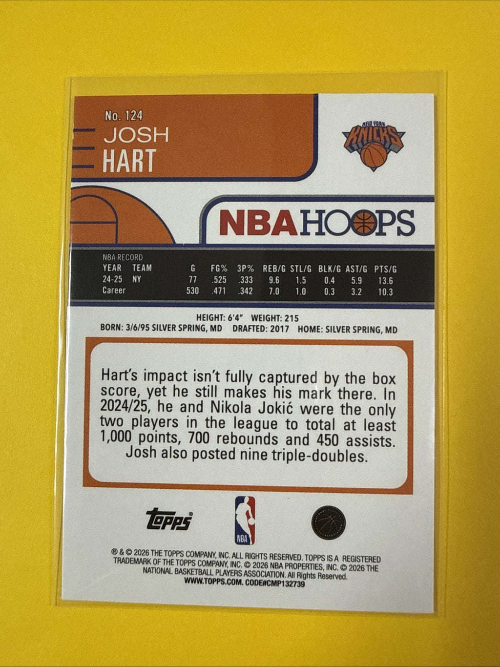 Josh Hart 2026 NBA Hoops Card - back