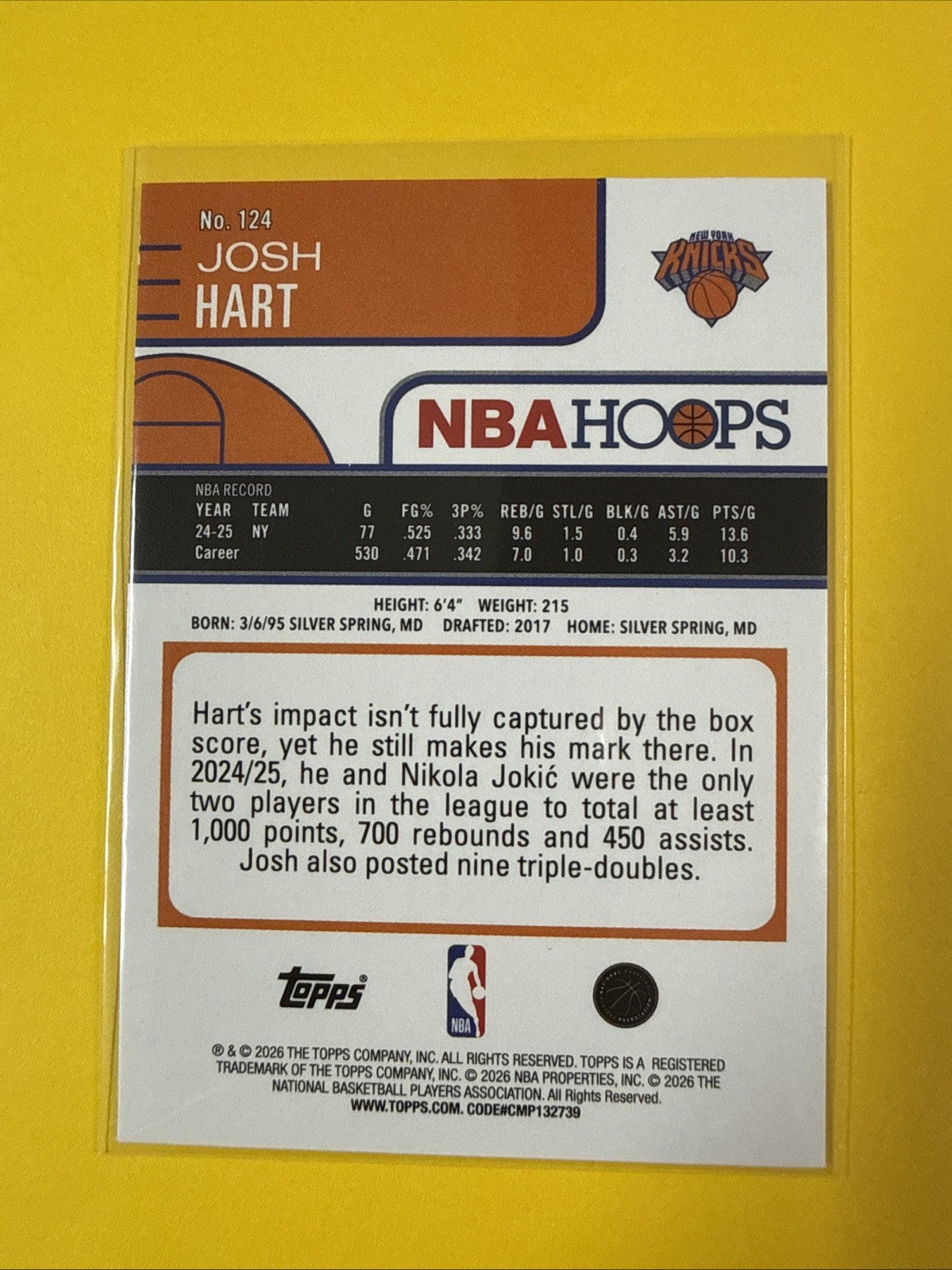 Josh Hart 2026 NBA Hoops Card - back