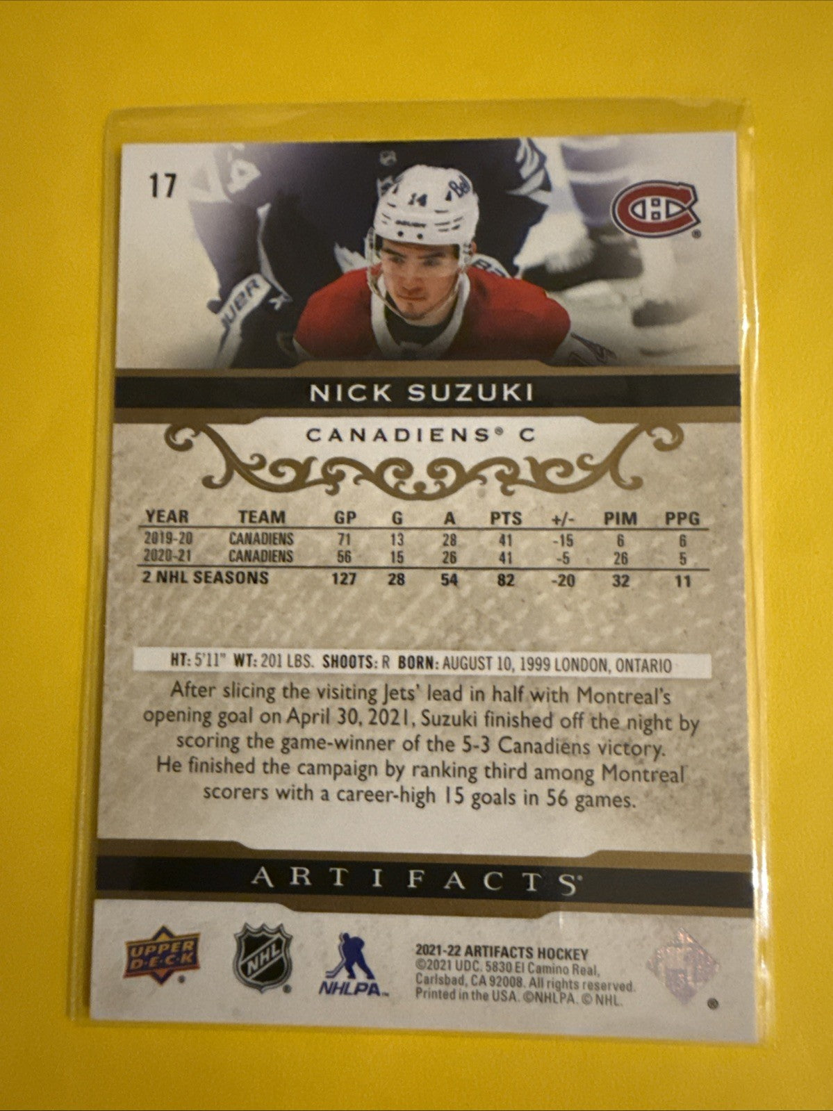 Nick Suzuki 2021/22 Artifacts Gold Card - back