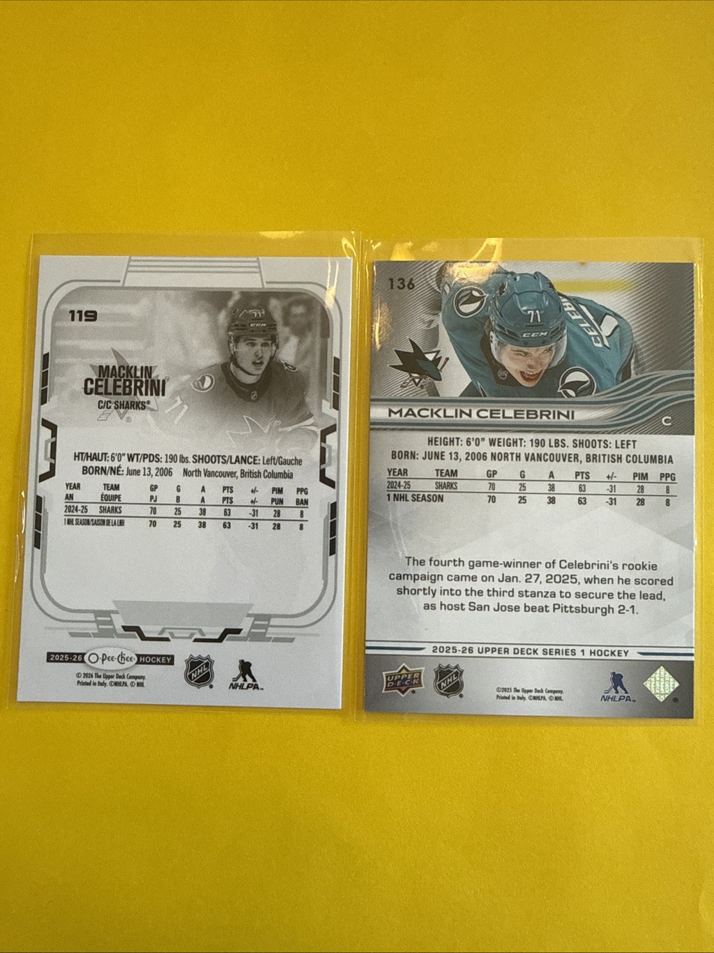 Macklin Celebrini 2025/26 Upper Deck + O Pee Chee Cards - back