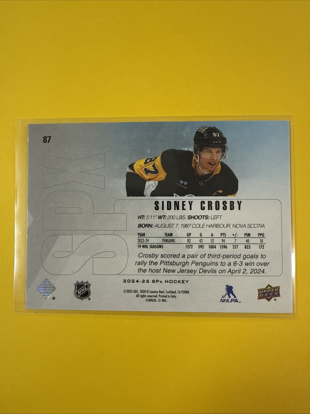 Sidney Crosby 2024/25 SPx Hockey Card - back