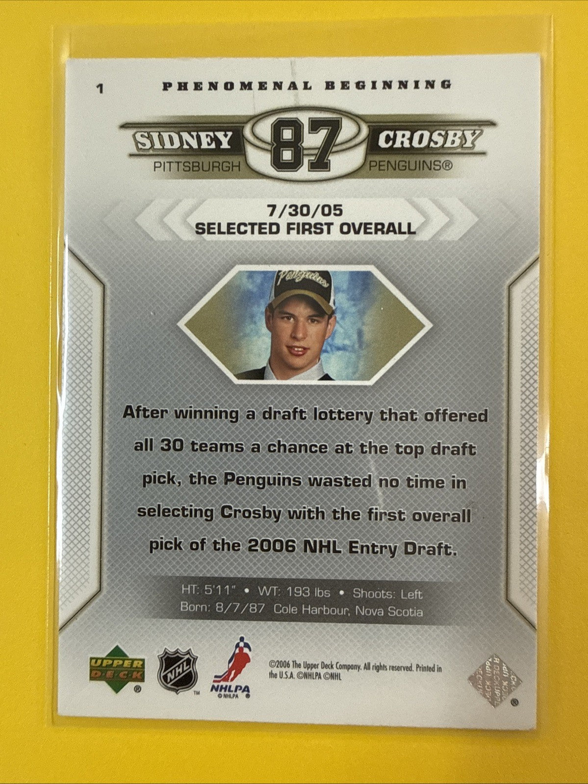 Sidney Crosby 2006 Phénoménal Beginning Card - back