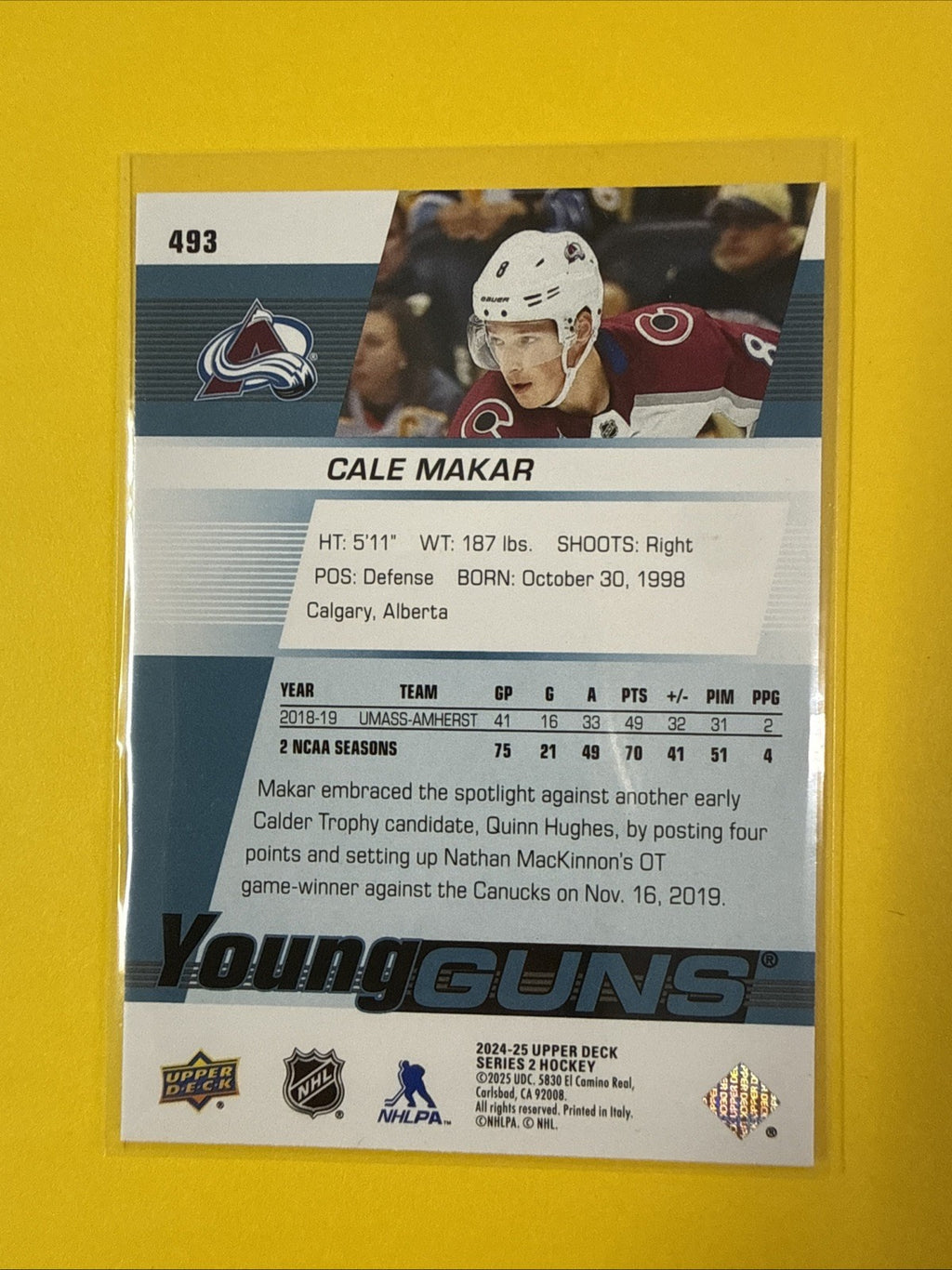 Cale Makar 2024/25. UD Séries 2 Young Guns Renewed Card - back