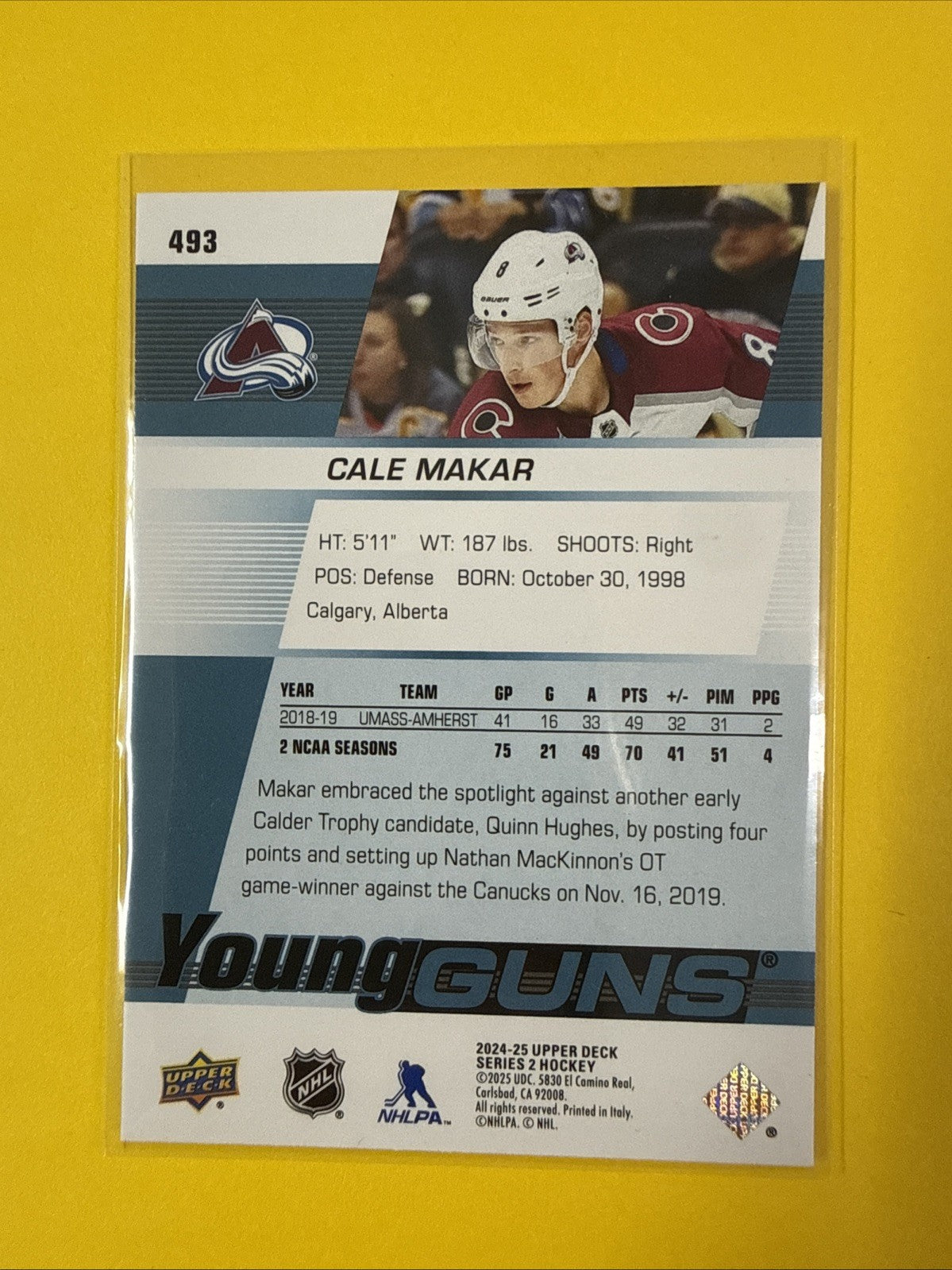 Cale Makar 2024/25. UD Séries 2 Young Guns Renewed Card - back