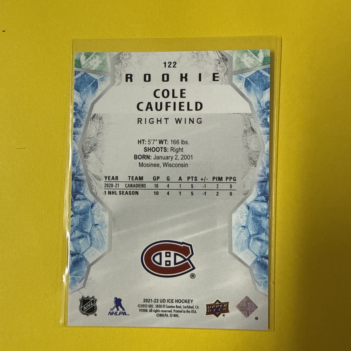 Cole Caufield 2021/22 UD Ice Emerald Green Rookie Card - back