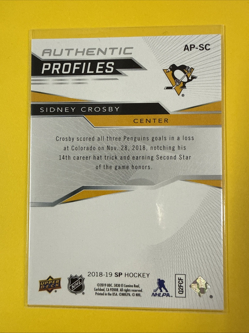 Sidney Crosby 2018/19 SP Authentic Profiles Card - back