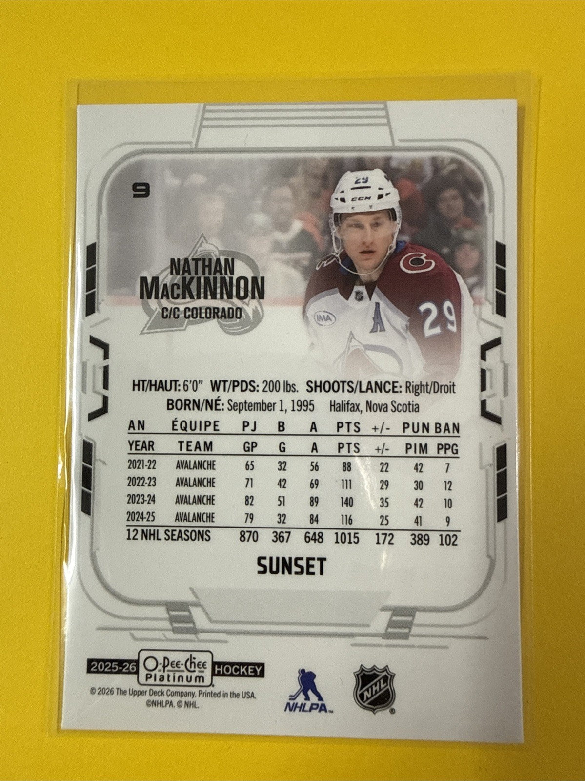Nathan MacKinnon 2025/26 O Pee Chee Platinum Sunset Card - back