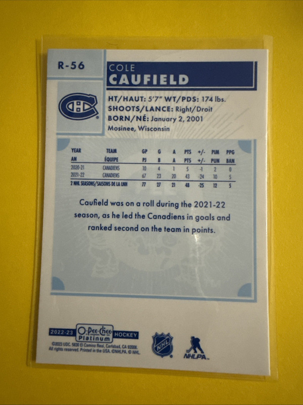 Cole Caufield 22 /23 O Pee Chee Platinum Retro Card - back