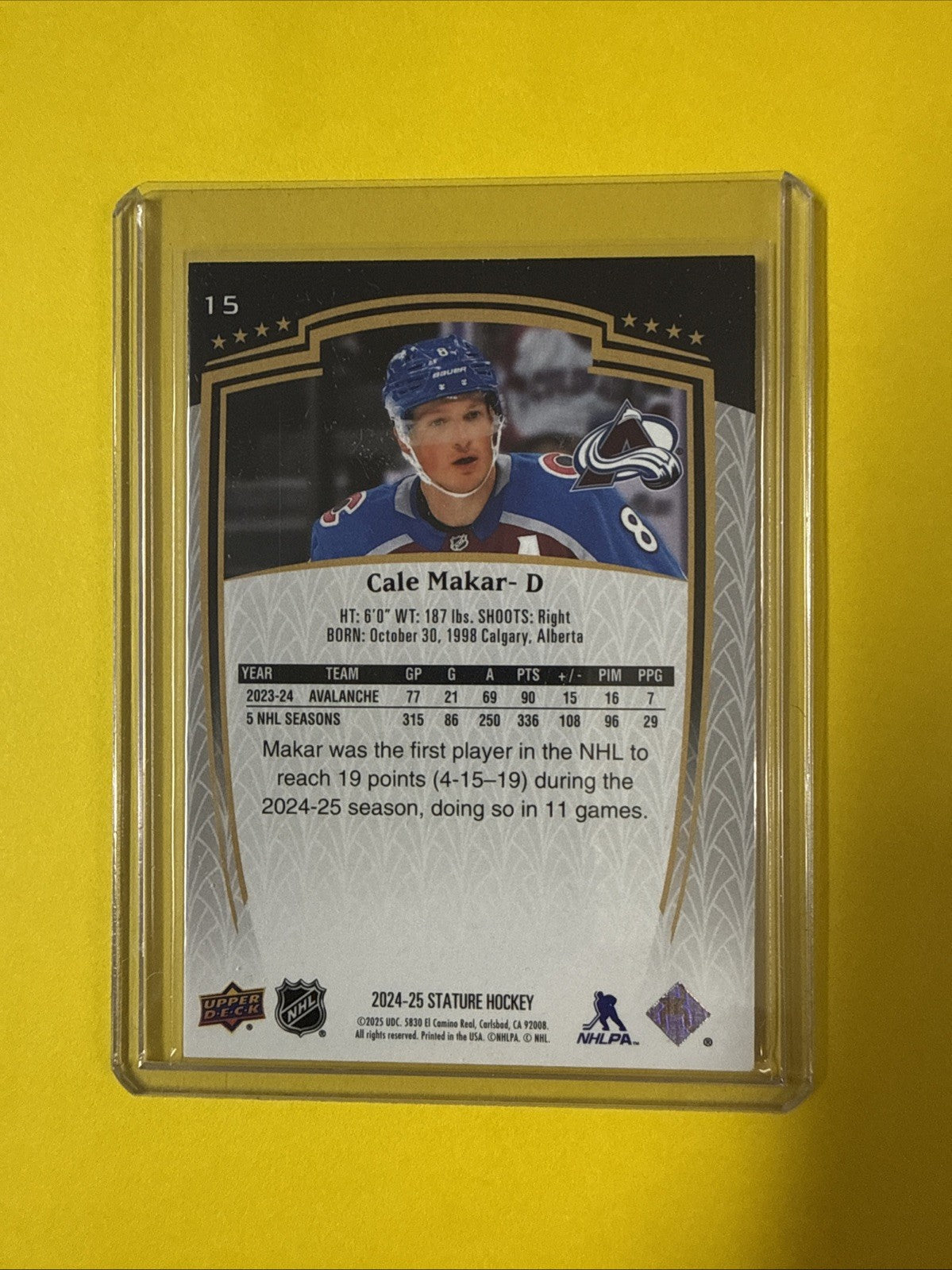 Cale Makar 2024/25 Stature Hockey Card - back