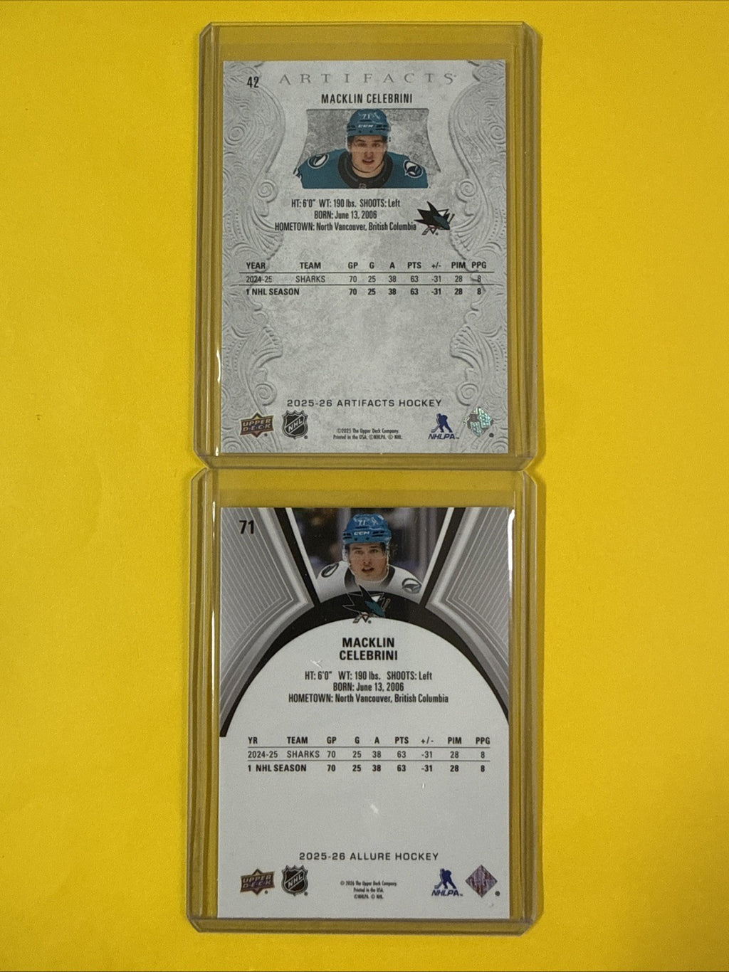 Macklin Celebrini 2025/26 Artifacts + Allure 2 Hockey Cards - back