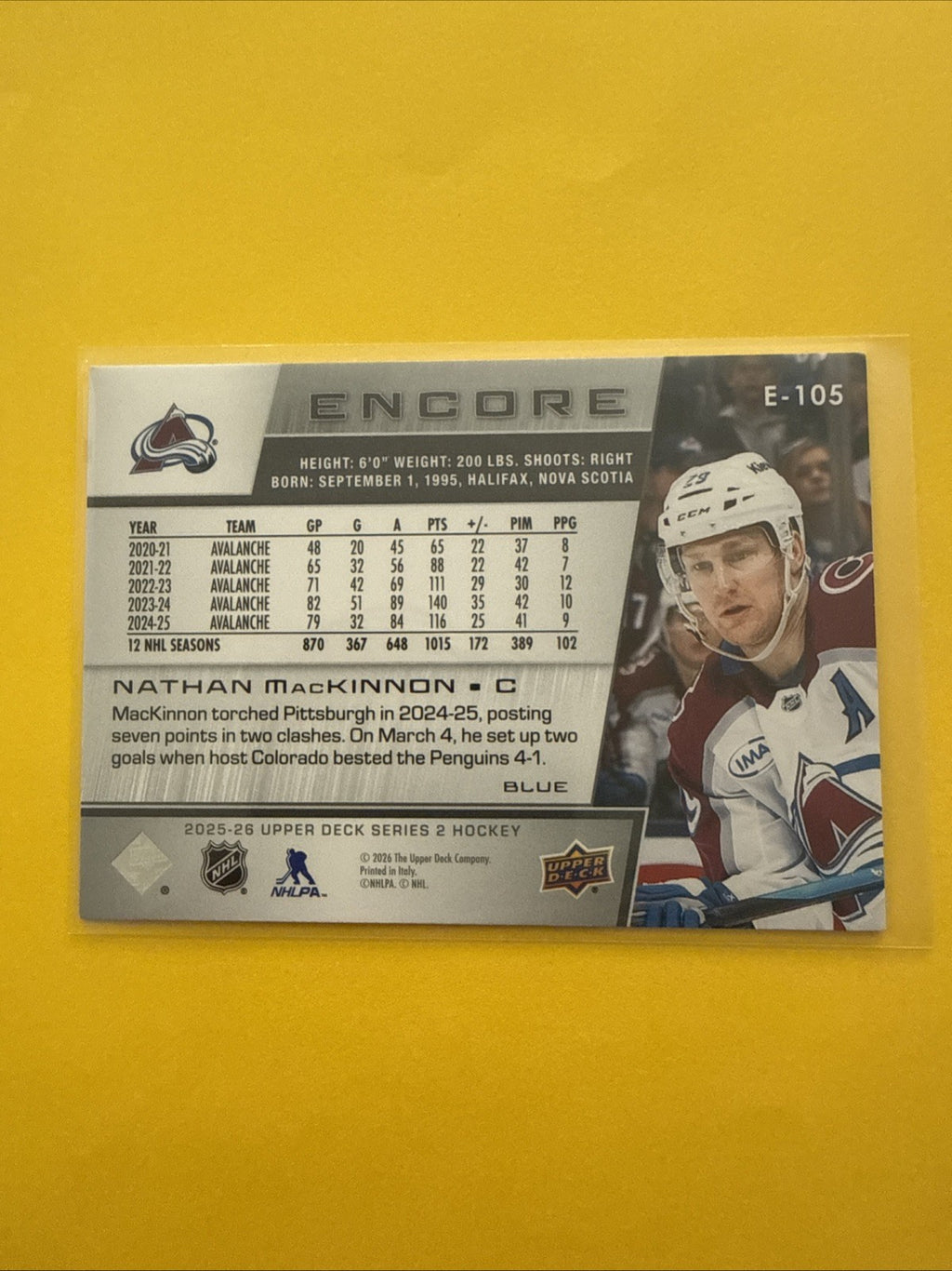 Nathan MacKinnon . 2025/26 UD Encore Blue Border Card - back