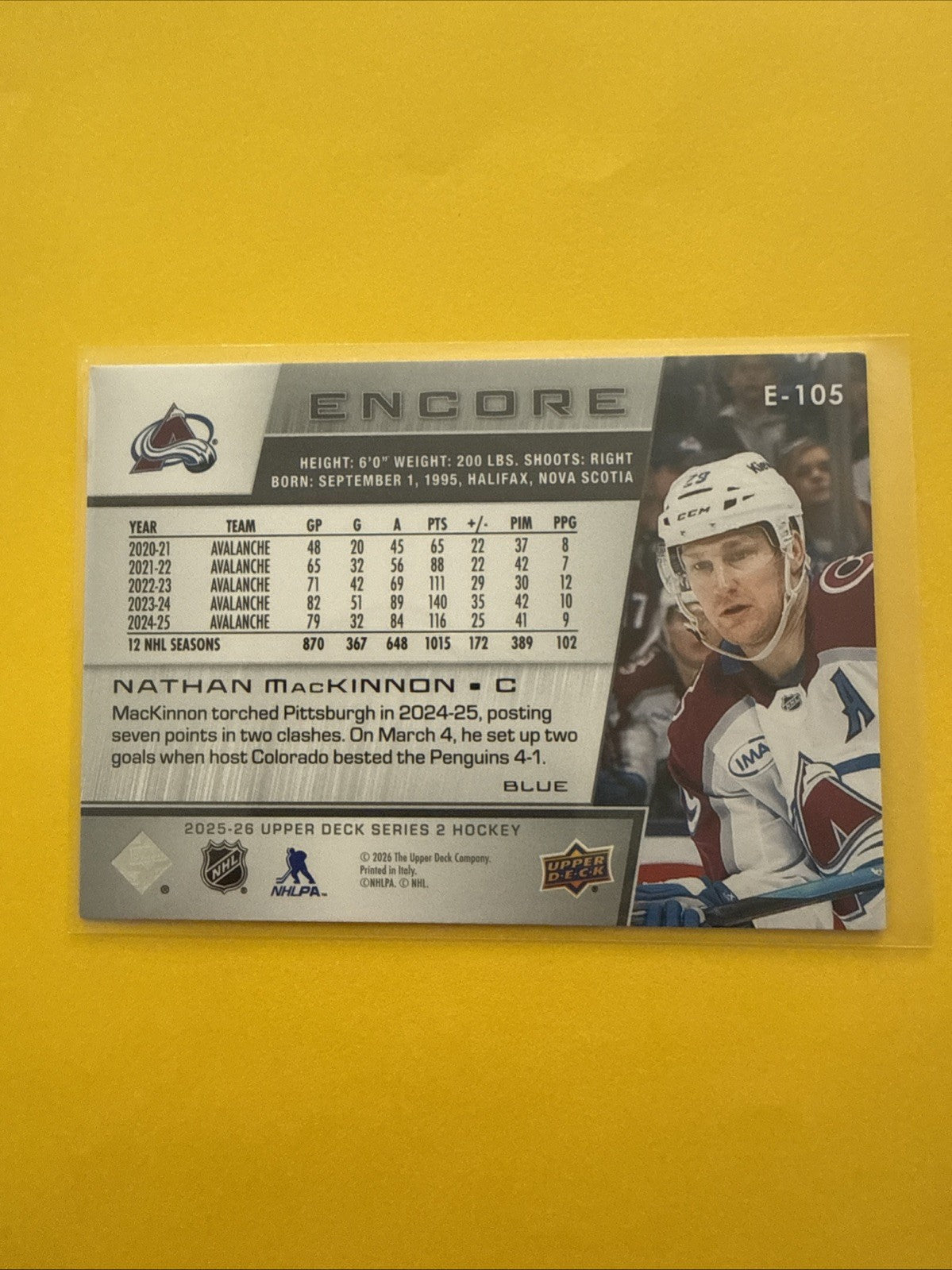 Nathan MacKinnon . 2025/26 UD Encore Blue Border Card - back