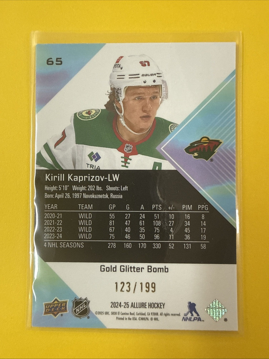 Kirill Kaprizov 2024/25 Allure Gold Glitter Bomb Card 123/199 - back