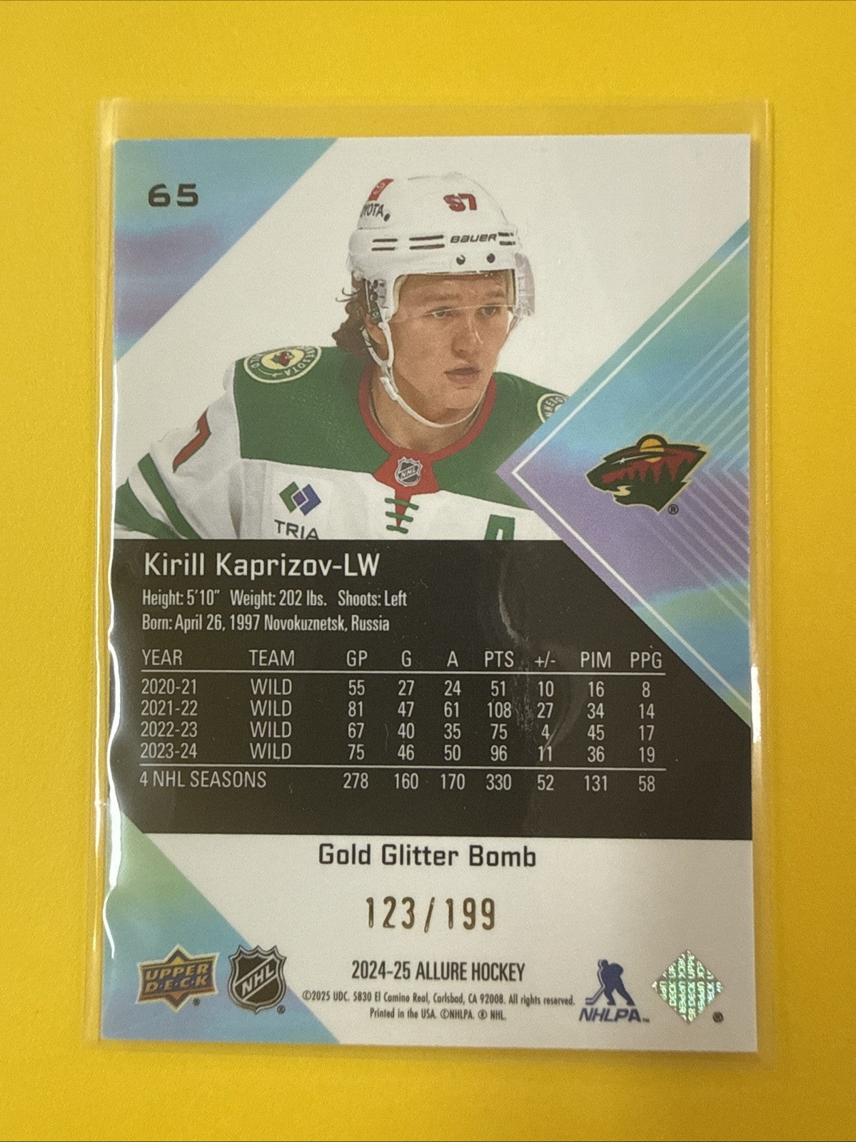 Kirill Kaprizov 2024/25 Allure Gold Glitter Bomb Card 123/199 - back