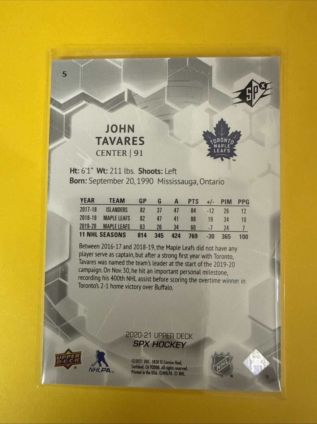 John Tavares 2020/21 UD SPx Hockey 112/299 - back