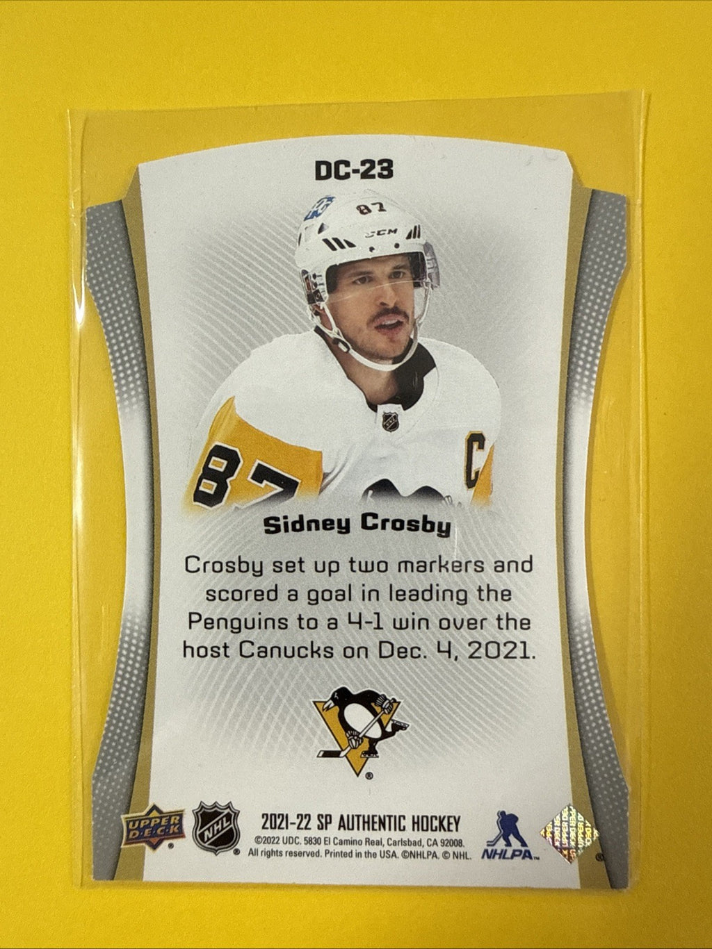 Sidney Crosby 2021/22 SP Authentic Die Cut Card - back