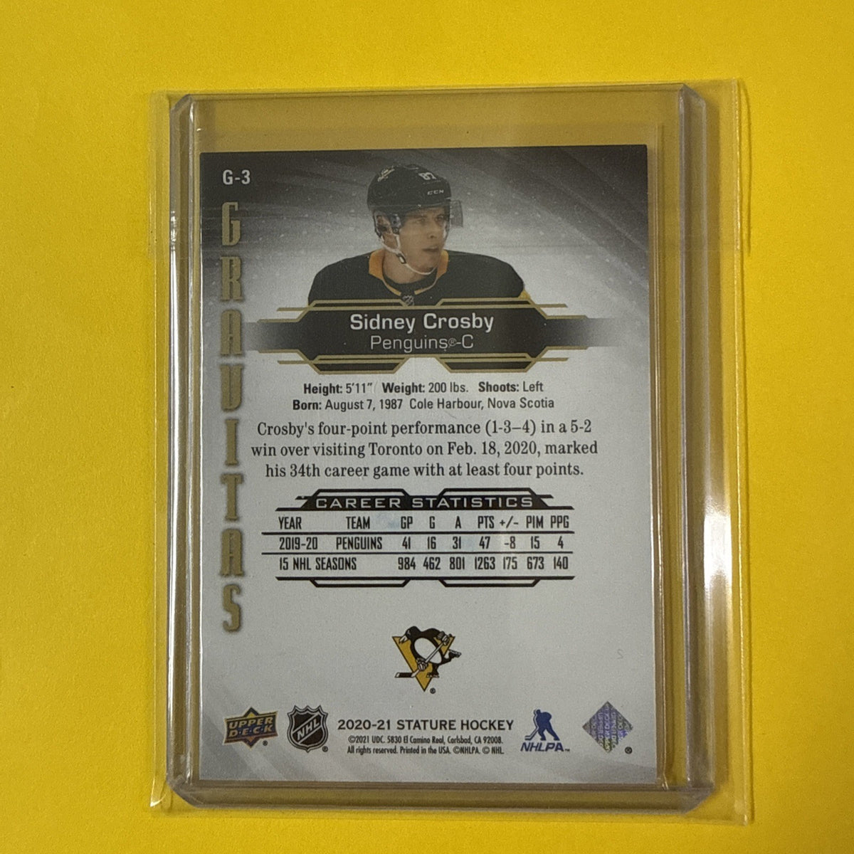 Sidney Crosby 2020/21 Stature Gravitas Card Out of /75 - back