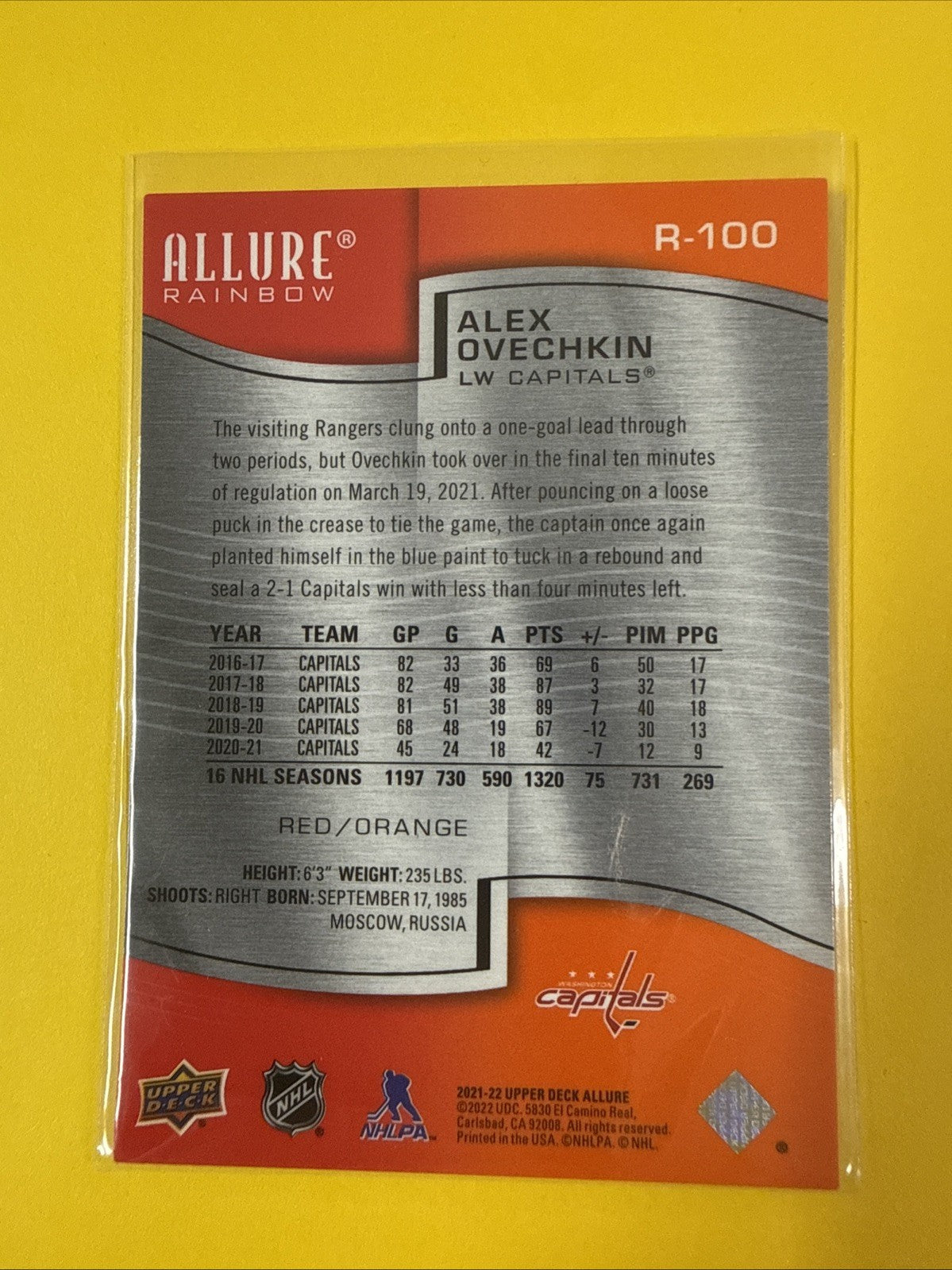 Alex Ovechkin 2021/22 UD Allure Rainbow Card - back