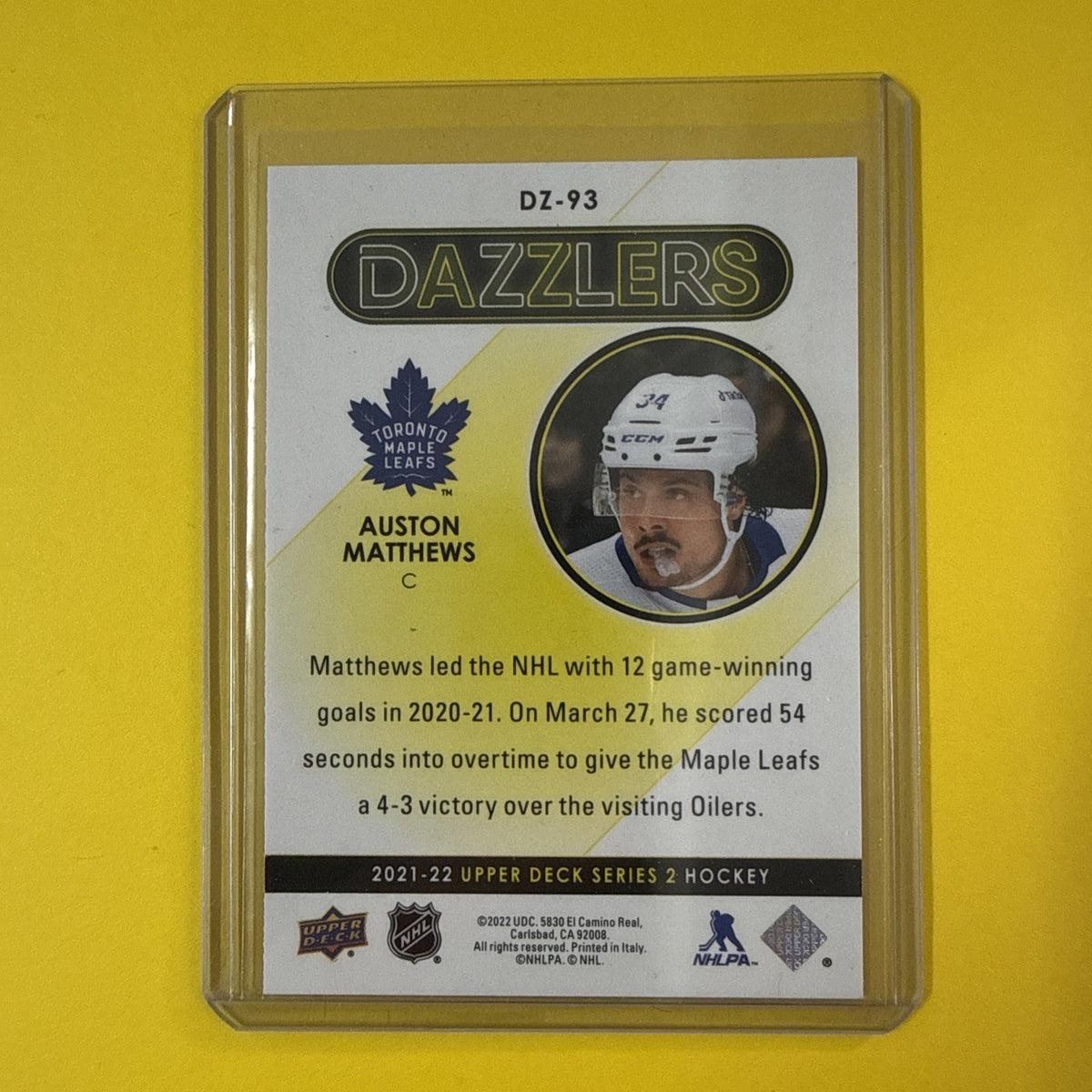 Auston Matthews 2021/22 UD Blue Dazzlers Card - back