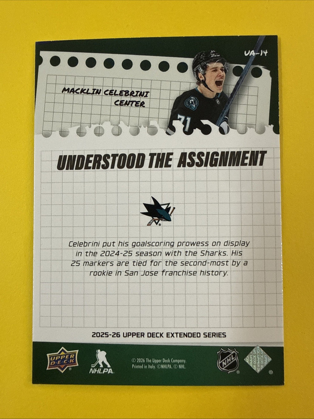 Macklin Celebrini 2025/26 UD Extended Series Understood the Assignment Card - back