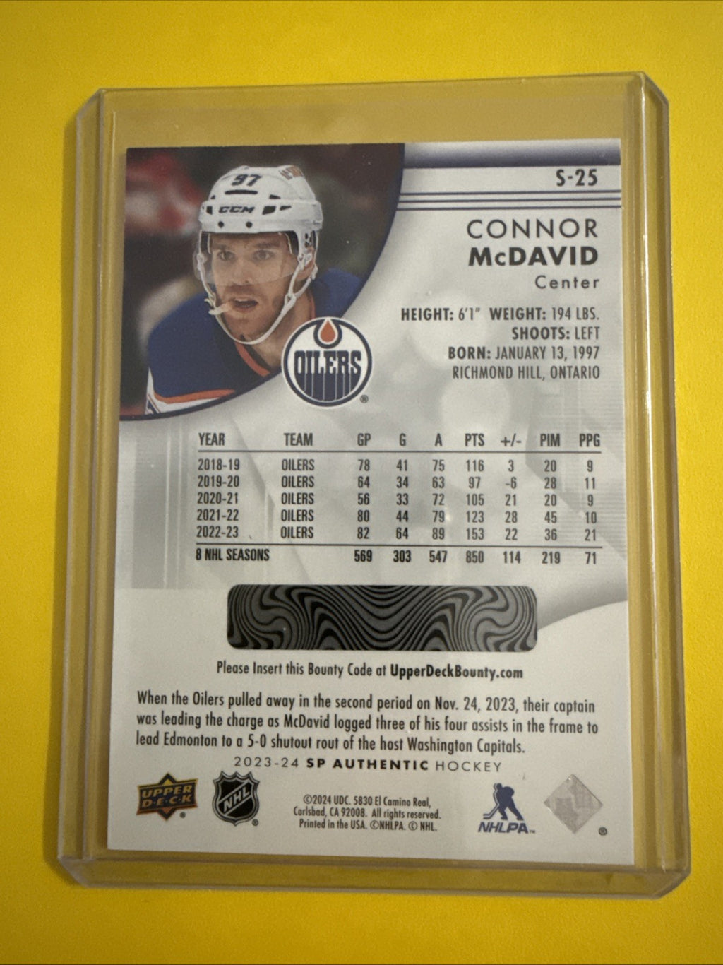 Connor McDavid 2023/24 SP Authentic Spectrum FX Card - back