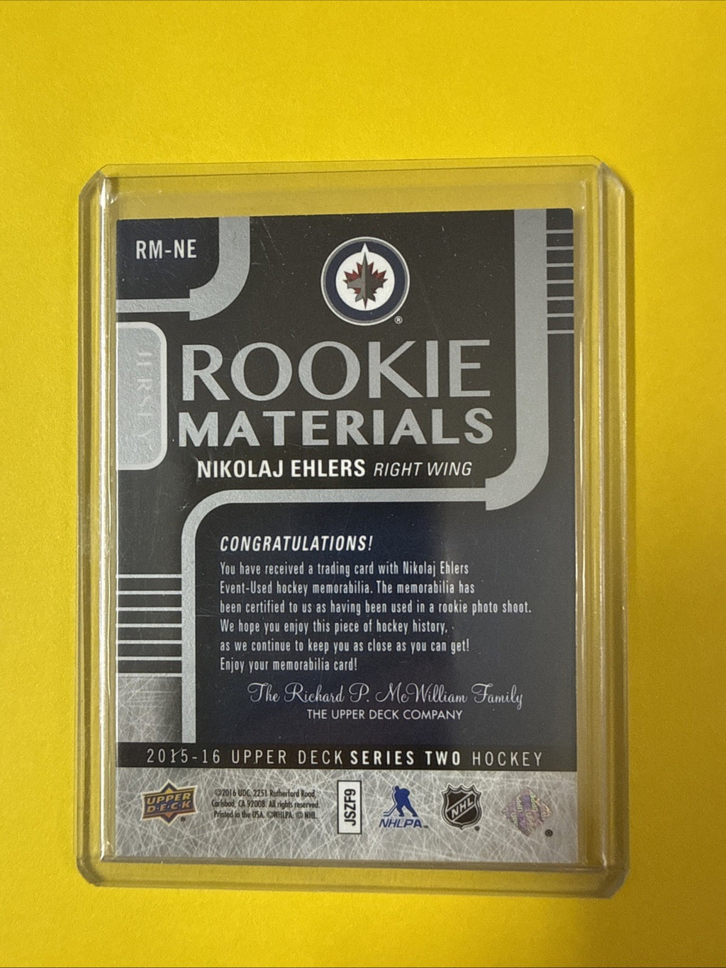 Nikolaj Ehlers 2015/16 UD Jersey Rookie Card - back