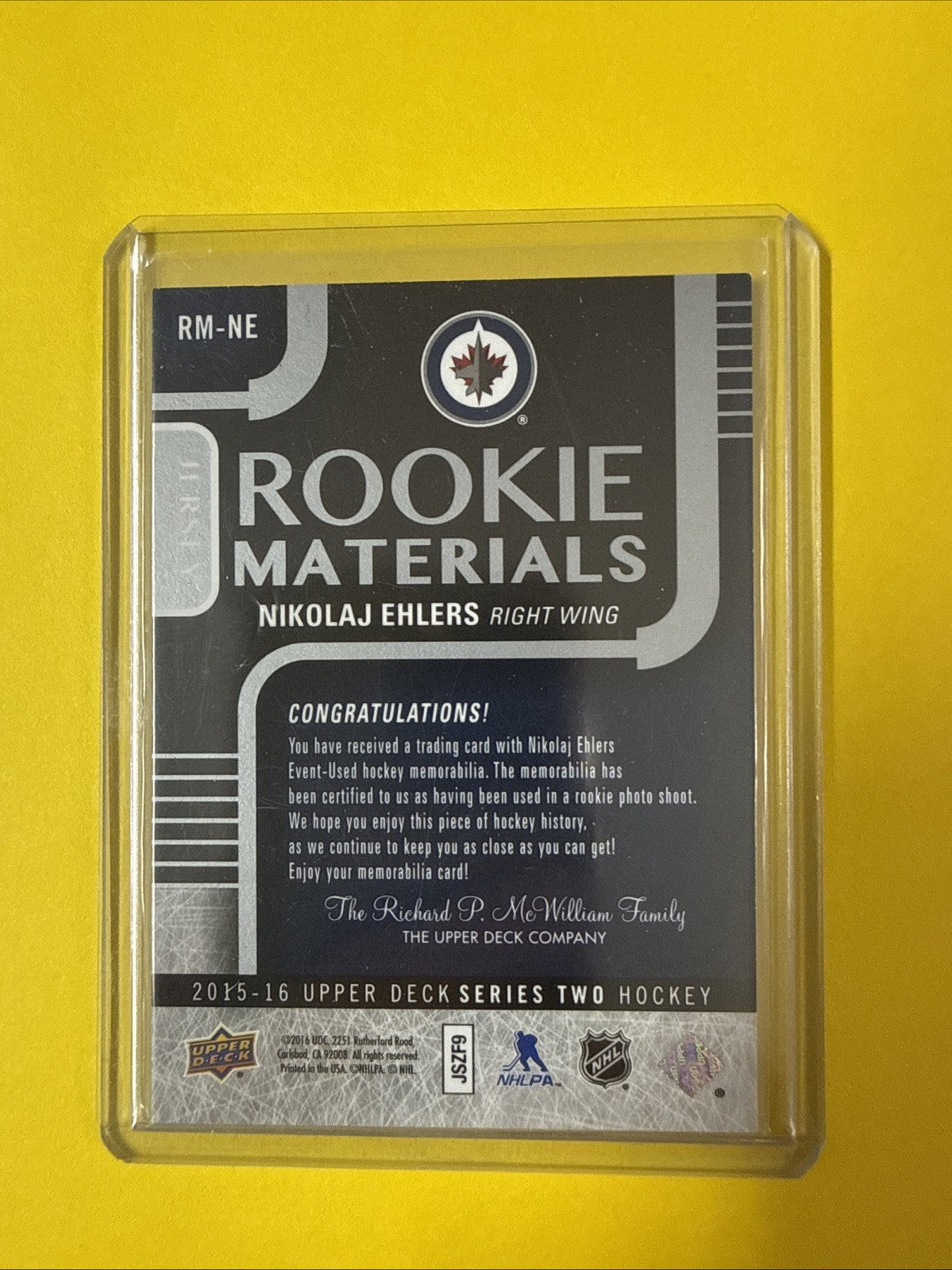 Nikolaj Ehlers 2015/16 UD Jersey Rookie Card - back