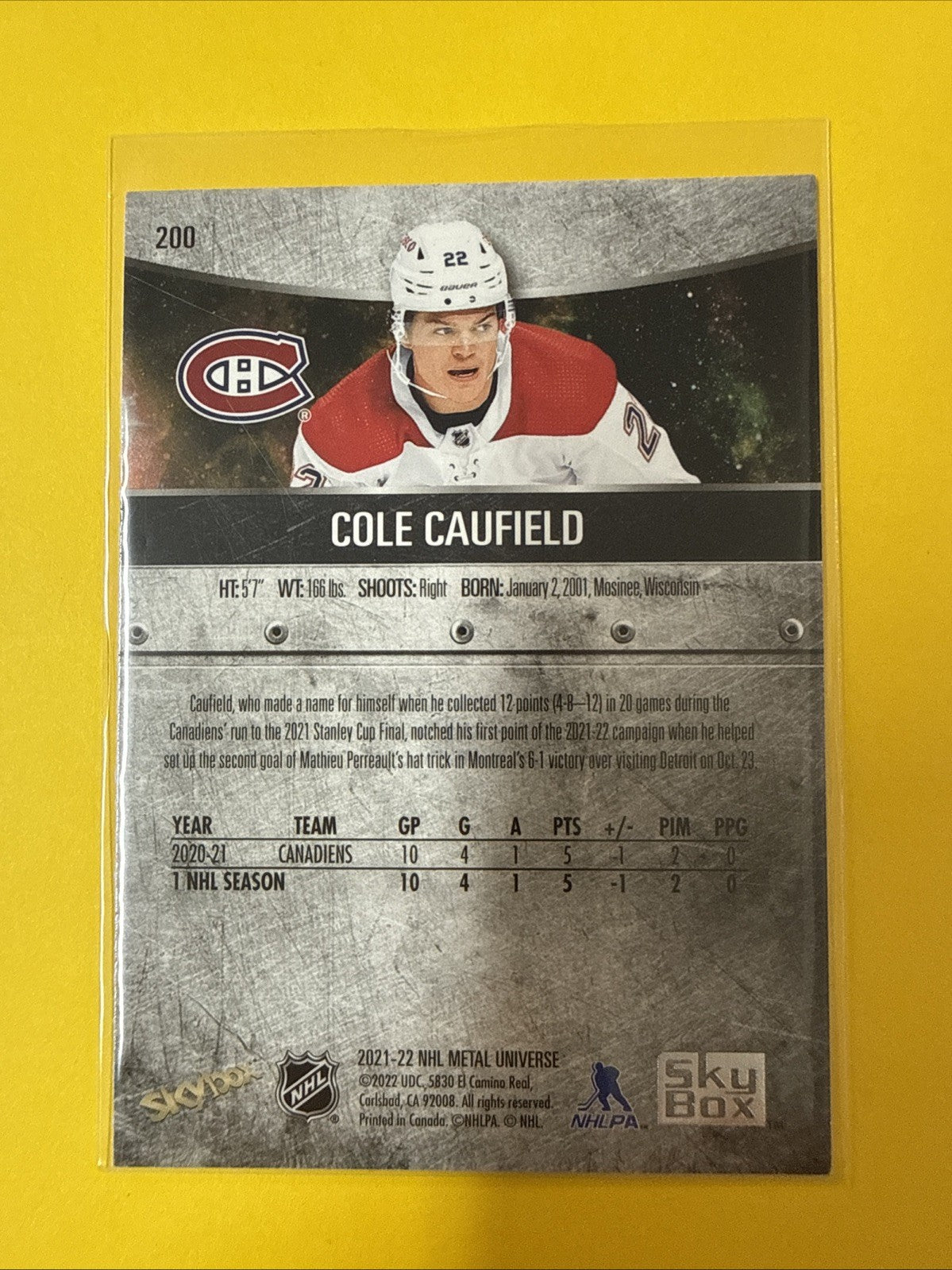 Cole Caufield 2021/22 Metal Universe Rookie Card - back