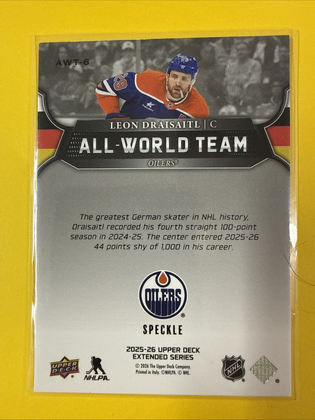 Leon Draisaitl 2025/26 UD Extended Series All World Team Speckle Card - back