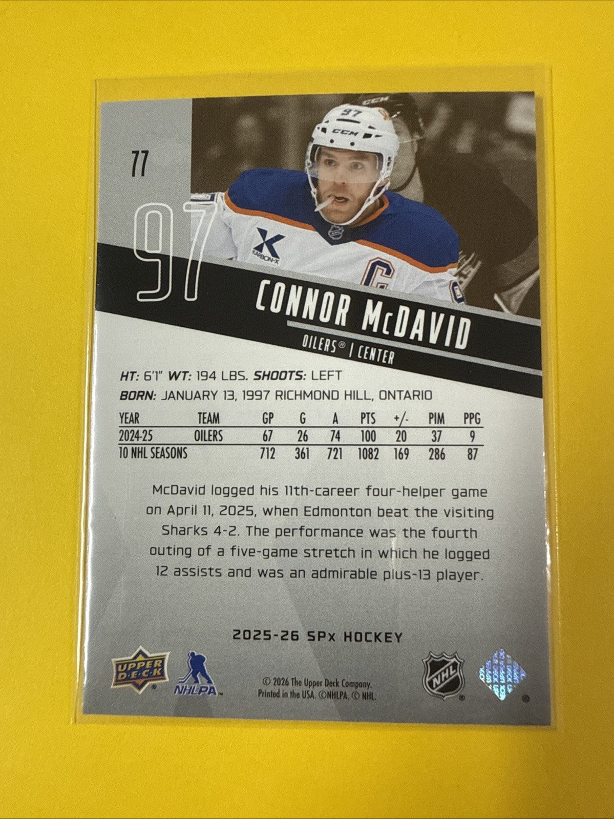 Connor McDavid 2025/26 SPx Hockey Card - back