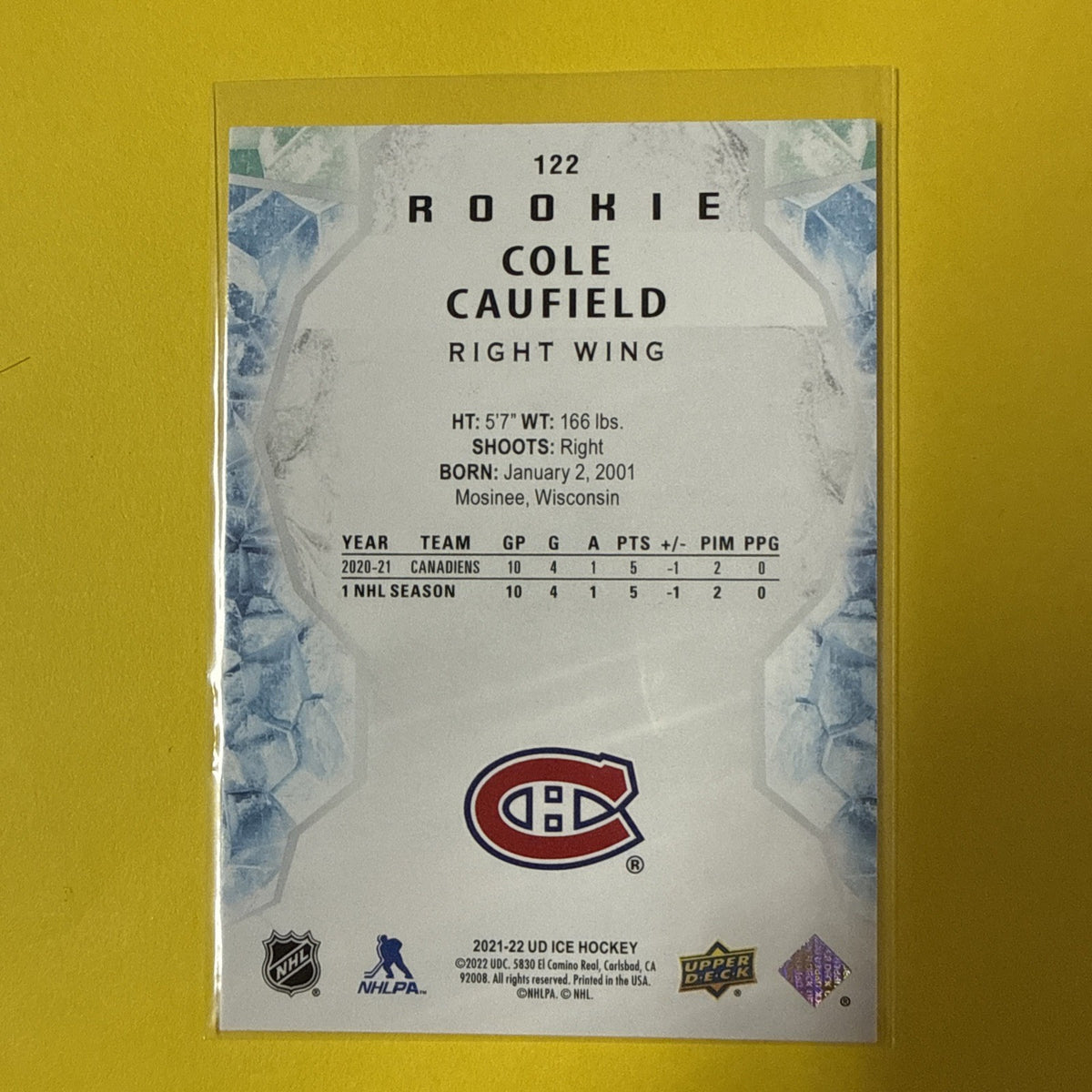 Cole Caufield 2021/22 UD Ice Rookie Card - back
