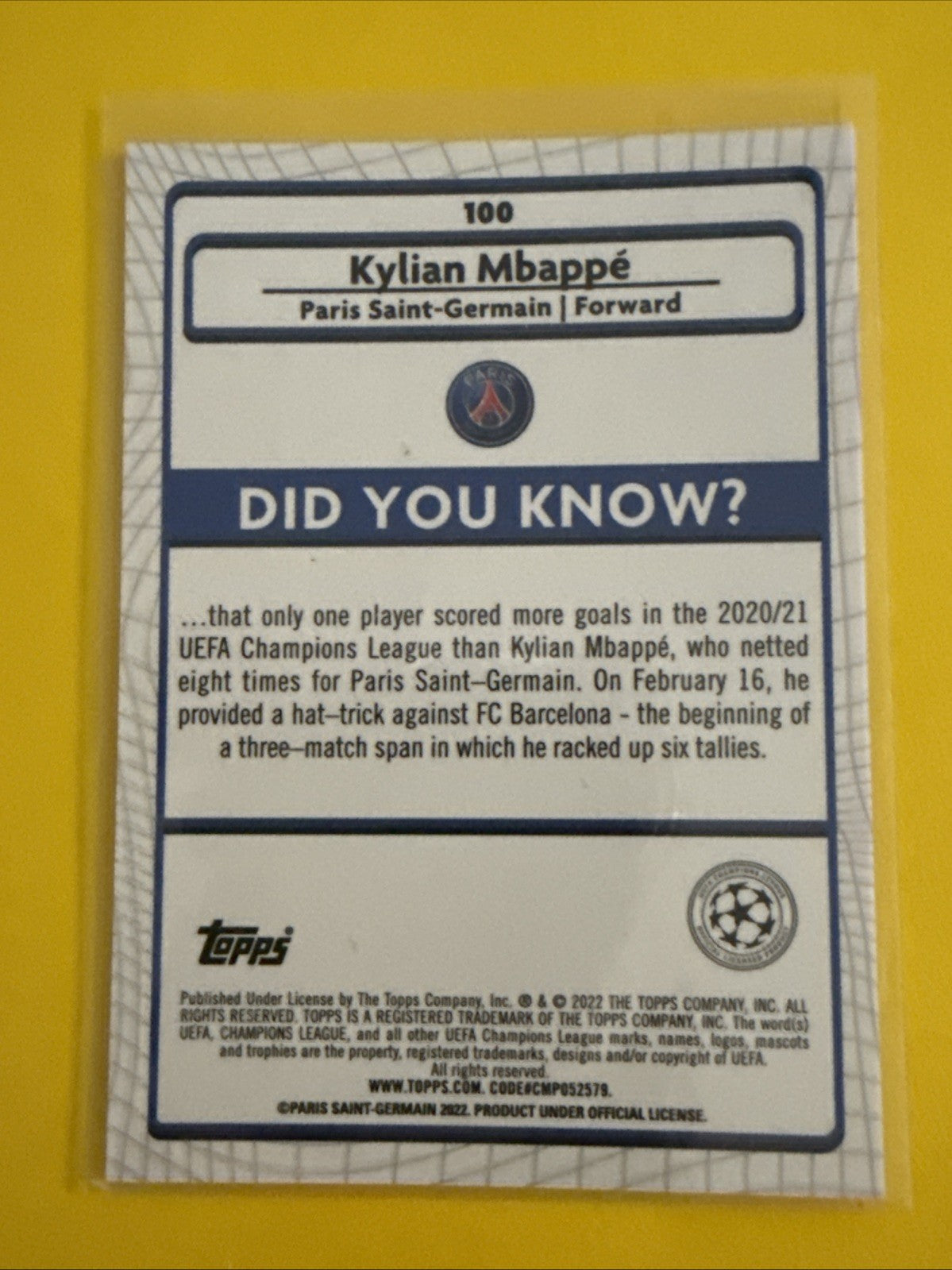 Kylian Mbappé 2022 Topps Chrome Merlin Soccer Card - back