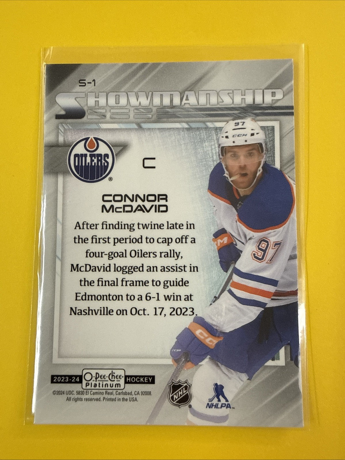 Connor McDavid 2023/24 O Pee Platinum Showmanship Card - back