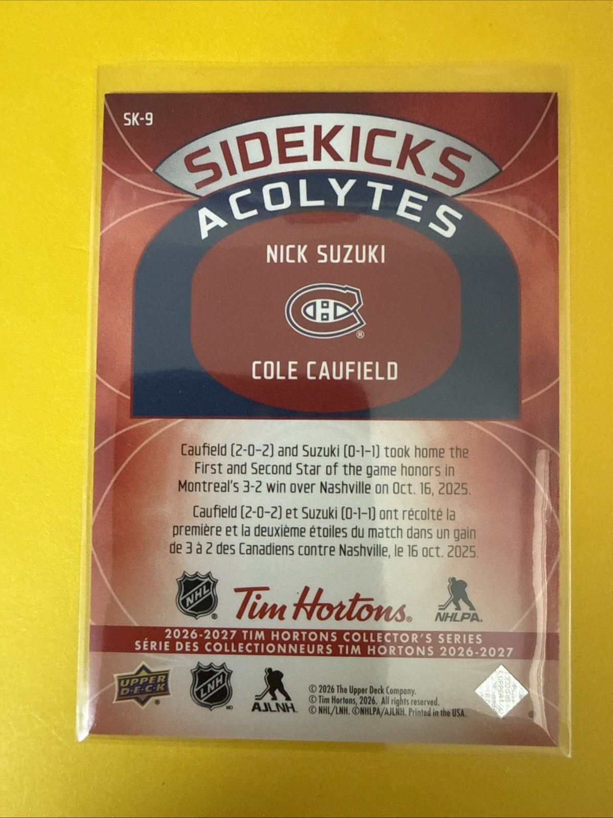 Nick Suzuki / Cole Caufield . 26/27 Tim Hortons Card Sidekicks Acolytes - back