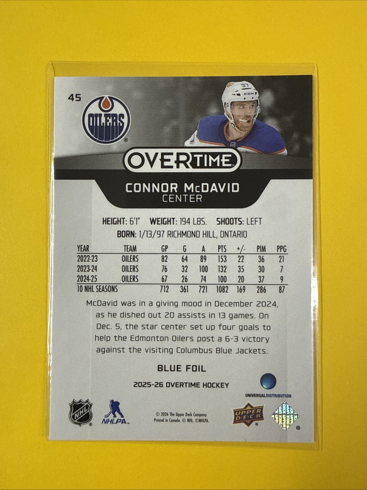 Overtime 2025/26 Blue Foil Connor McDavid Card - back