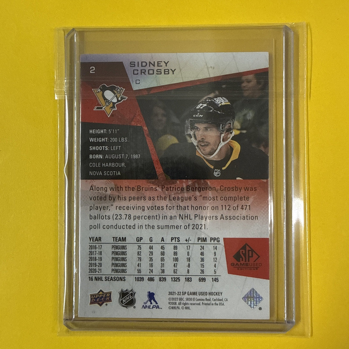 Sidney Crosby 2021/22 SP Game Used Red Card Out of /205 - back